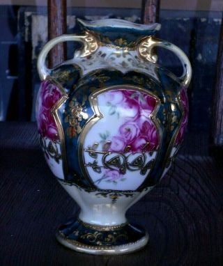 Antique Nippon Hand Painted,  2 Handle,  Moriage Vase,  Heavy Gold.