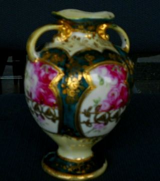 ANTIQUE NIPPON HAND PAINTED,  2 HANDLE,  MORIAGE VASE,  HEAVY GOLD. 2