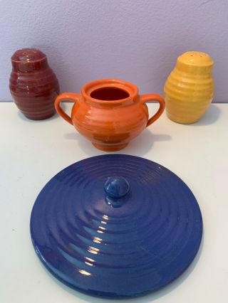 Bauer Ring Ware Orange Sugar Bowl No Lid Blue Lid Yellow And Red Salt Pepper