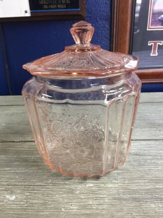 Anchor Hocking Pink Depression Glass Biscuit Cookie Jar Mayfair Open Rose