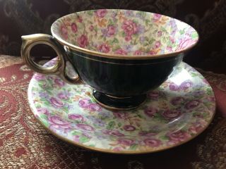 Royal Winton Black,  Gold And Floral Teacup Saucer Set “english Rose”