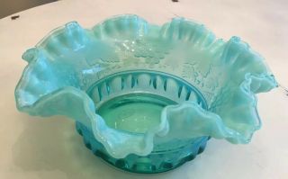 Fenton 10 1/2 " Blue Green Opalescent Grape And Cable Ruffled Crimped Bowl