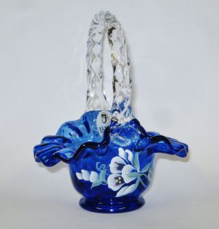 Rare Fenton Art Glass Miniature Hand Painted Flowers Cobalt Blue Basket 4 3/4 "