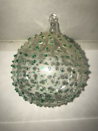 Blown Glass Witches Ball Ornament Hobnail Design 3” Green/clear