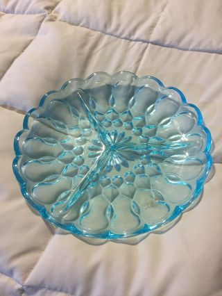 Vintage Aqua Blue Glass Scallop Trim 3 Part Divided Dish Plate Platter