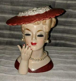 Vintage National Potteries Napco C3307 Lady Head Vase Blond Red Hat Pearls