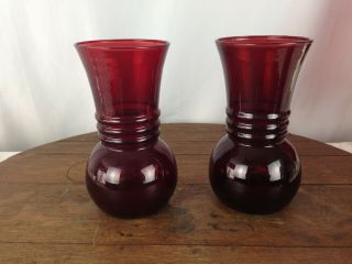 Vtg Pair Anchor Hocking Royal Ruby Red Ball Bottom Flared Top Glass Vases Wh - 7