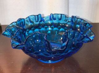Vintage Fenton Art Glass Blue Candy Or Nut Dish With A Ruffled Edge 8&1/4 " Wide