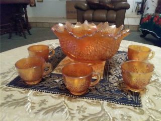 Marigold Fenton Carnival Glass Orange Tree Punch Bowl 5 Cups