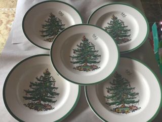 Vintage Spode England Christmas Tree Dinner Plates Set Of 5