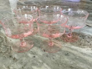 Five Pink Depression Glass Fruit Compote W/etched Wheel Cut Flower/vine Border