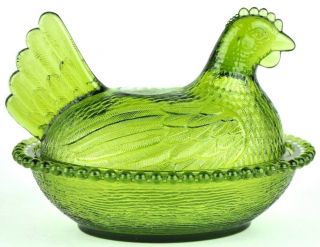 Vintage Indiana Glass Company Green “hen - On - Nest” Dish Open - Beaded Striated Base