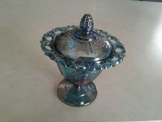 Vintage Irridescent Blue Carnival Glass Candy Dish With Lid