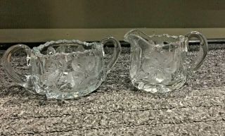 Vintage Crystal Creamer And Open Sugar Bowl Sawtooth Rim Etched Flowers Butterf