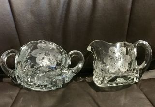 VINTAGE Crystal Creamer and Open Sugar Bowl Sawtooth Rim Etched Flowers Butterf 2