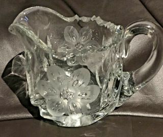 VINTAGE Crystal Creamer and Open Sugar Bowl Sawtooth Rim Etched Flowers Butterf 3