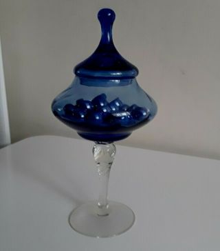 Vintage Italian/empoli Cobalt Blue Glass Lidded Apothecary/bon Bon Dish Or Jar