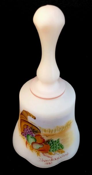 Fenton Glass Hand Painted Pink Satin Horn Of Plenty “ Thanksgiving “ Bell 3