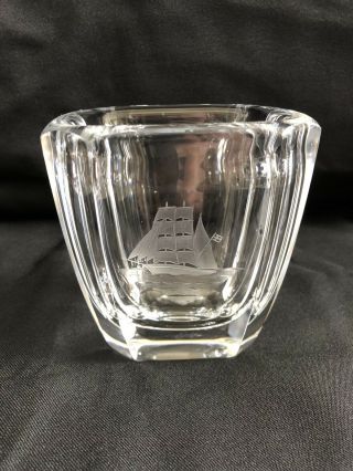 Vintage Orrefors Sweden Crystal Art Glass Vase W/ Etched Viking Ship Signed