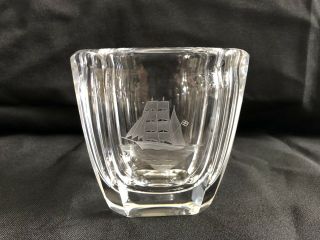 Vintage Orrefors Sweden Crystal Art Glass Vase w/ Etched Viking Ship Signed 2