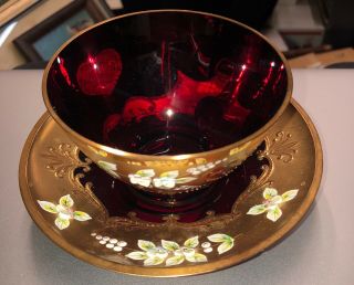 Vintage Madesk Bohemia Czech Republic Ruby & Gold Cup & Saucer