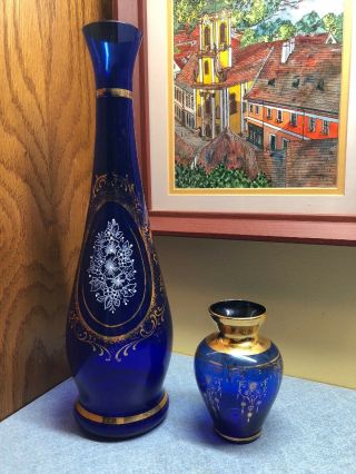 Set Of 2 Vintage Cobalt Blue Art Glass Vases With Gold Ornate Trim 12.  5 " & 4 "