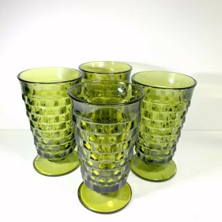 Set Of 4 Indiana Whitehall 12 Oz Footed Tumblers Avocado Green Glass Cubist