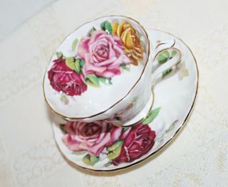 Aynsley Teacup & Saucer 3 Large Roses,  Red,  Pink & Yellow White Swirled Teacup
