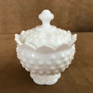 Fenton Hobnail Milk Glass Scalloped Footed Sugar Bowl With Lid 4 X 5 " Vintage