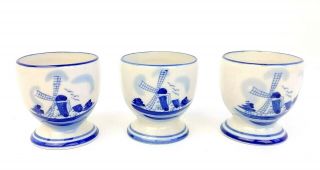 3 Delft Blue Egg Cups Holland Windmill Flowers Hand Painted Number Designs Vtg