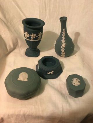 5 Wedgwood Jasperware Sage Green Bud Vase,  Candle Holder,  Trinket Boxes,  Vase