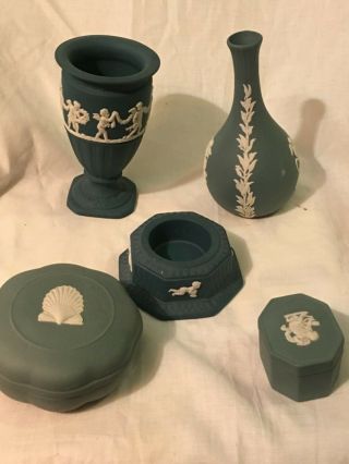 5 WEDGWOOD JASPERWARE SAGE GREEN BUD VASE,  candle holder,  trinket boxes,  vase 2