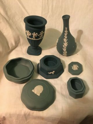 5 WEDGWOOD JASPERWARE SAGE GREEN BUD VASE,  candle holder,  trinket boxes,  vase 3
