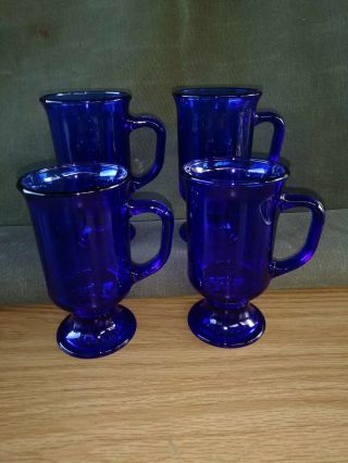 Vintage Mug Cobalt Blue Glass Footed Anchor Hocking Symbol Set 4 Irish Coffee