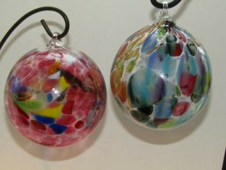 2 Hand Blown Studio Art Glass 3 3/4 " Ball Orb Christmas Ornaments