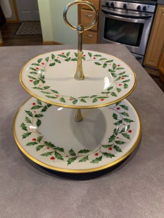Vtg Lenox China Holiday Dimension Holly Berry 2 Tiered Tray Handle Serving