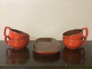 Vintage Frankoma Pottery 4 Soup Chili Cups Mug Bowls Flame Red Orange Lazy Bones