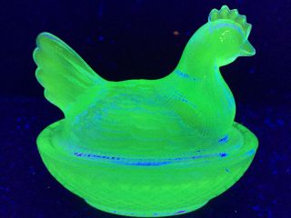 Blue Vaseline glass hen chicken on nest basket candy dish Cobalt Uranium egg art 4