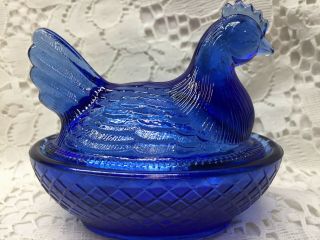 Blue Vaseline glass hen chicken on nest basket candy dish Cobalt Uranium egg art 7