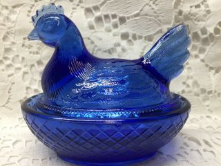 Blue Vaseline glass hen chicken on nest basket candy dish Cobalt Uranium egg art 8