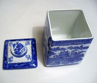 RINGTONS LIMITED Square TEA CADDY Asian BLUE WILLOW Lidded BISCUIT CANISTER Jar 4
