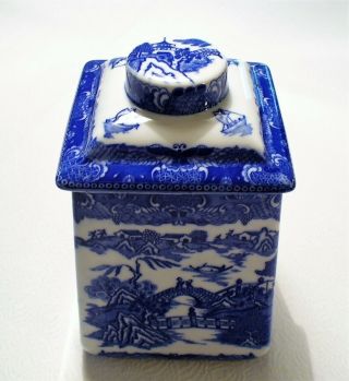 RINGTONS LIMITED Square TEA CADDY Asian BLUE WILLOW Lidded BISCUIT CANISTER Jar 6