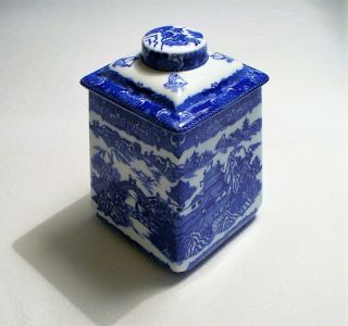RINGTONS LIMITED Square TEA CADDY Asian BLUE WILLOW Lidded BISCUIT CANISTER Jar 8