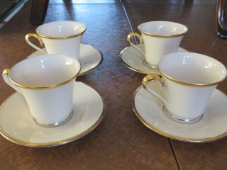 Set Of 4 Lenox Eternal Gold Footed Cups & Saucers Ivory With Gold Trim