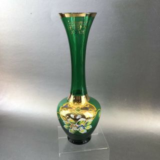 Handpainted 9 " Emerald Green Floral Crystal Glass Vase Czech Bohemian Vintage