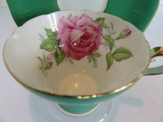 AYNSLEY CORSET GREEN CUP AND SAUCER WITH LARGE RED ROSE 2