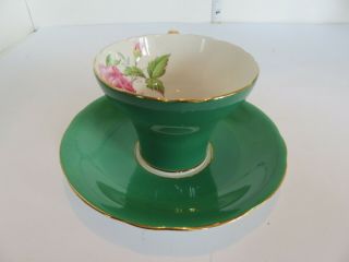 AYNSLEY CORSET GREEN CUP AND SAUCER WITH LARGE RED ROSE 8