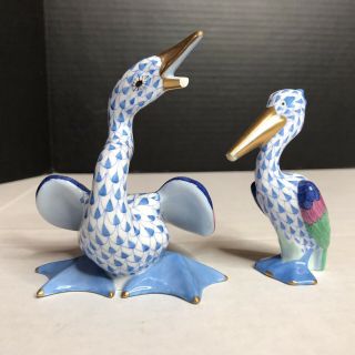 Vtg Herend Hungary Hand Painted Birds Fishnet Crane Goose Set Porcelain Figurine