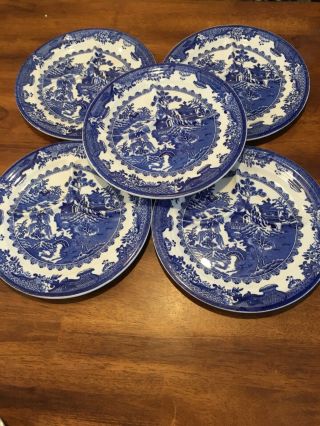 (5) Shenango Restaurant Ware Blue Willow Divided Grilled Plates 9 3/4 " Wide Ec