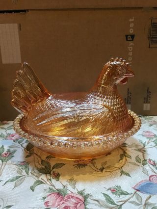 Carnival / Gold Amber Indiana Glass Hen On Nest Beaded Candy Dish Chicken Lid